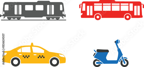 Flat Urban Transport Icons Subway Train Bus Taxi Scooter