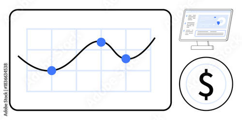Financial analysis, data visualization, business growth, market trends, fintech insights, and economic evaluation. A line chart with data points, computer monitor and dollar sign. Financial analysis