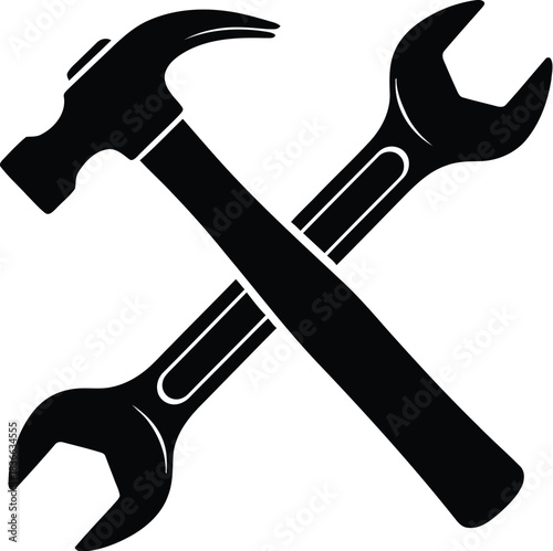 Black silhouette icon of a crossed hammer and wrench tool set, for repair and maintenance concept