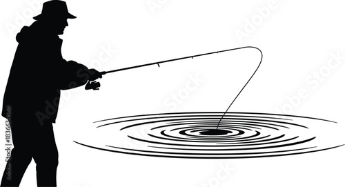 Silhouette of a fisherman casting a line into water creating ripples