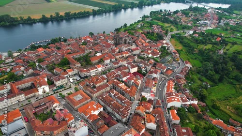 Aerial panorama view from the old town of the city Tui on an overcast summer afternoon in Spain