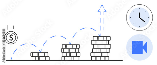 Business finance, investment, wealth growth, time management, savings, future planning. Stacks of coins growing in size with upward arrows. Investment and time management visualization