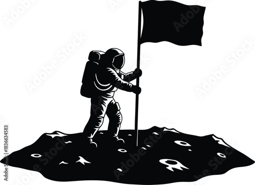 Silhouette of an astronaut planting a flag moon surface