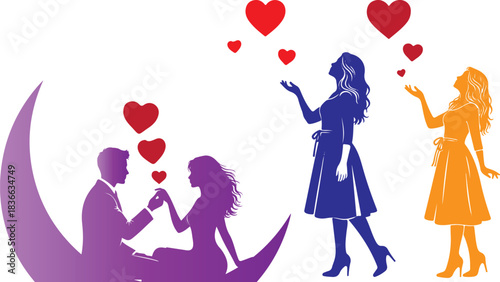 Romantic silhouettes of couples sharing love on a crescent moon with hearts above on transparent background