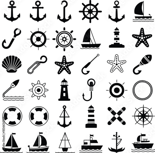Nautical and Sea Life Silhouette Vector Set