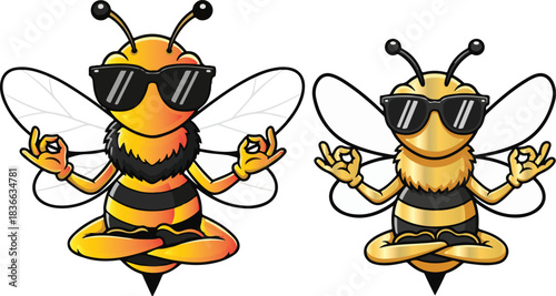 Two cartoon bees wearing sunglasses meditating in lotus position on transparent background