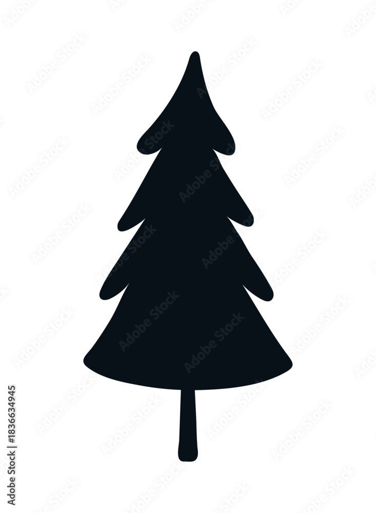 Fototapeta premium Spruce, fir tree silhouette, isolated on transparent background. Hand drawn flat vector illustration. Traditional Christmas, New Year, winter, seasonal design element, holiday clip art