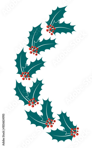 Holly leaves, berries circular frame, wreath, border isolated on transparent background. Hand drawn flat vector illustration. Traditional Christmas, New Year, seasonal design element, holiday clip art