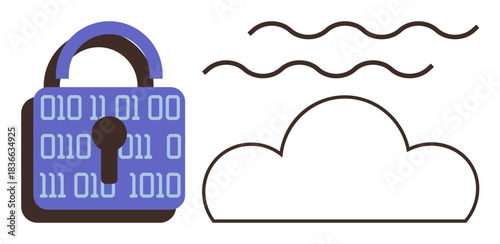 Padlock with binary code next to cloud outline represents cybersecurity, encryption, and data protection. Ideal for technology, cloud security, privacy, software, IT solutions, storage simple flat