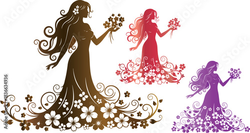 Elegant silhouette of a bride holding flowers with decorative floral elements around her on transparent background