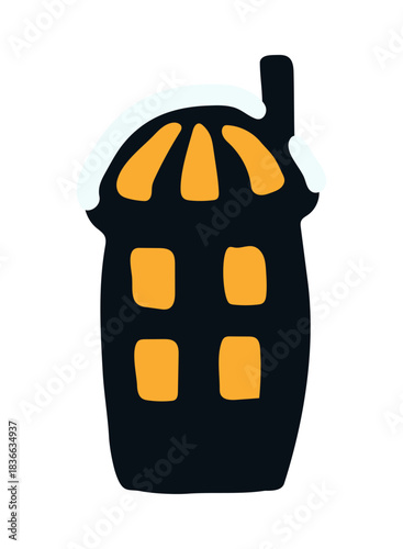 Building, house covered with snow isolated on transparent background. Hand drawn flat vector illustration. Traditional Christmas, New Year, winter, seasonal design element, holiday clip art