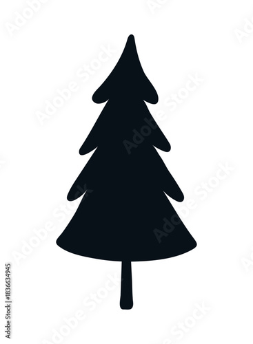 Spruce, fir tree silhouette, isolated on transparent background. Hand drawn flat vector illustration. Traditional Christmas, New Year, winter, seasonal design element, holiday clip art