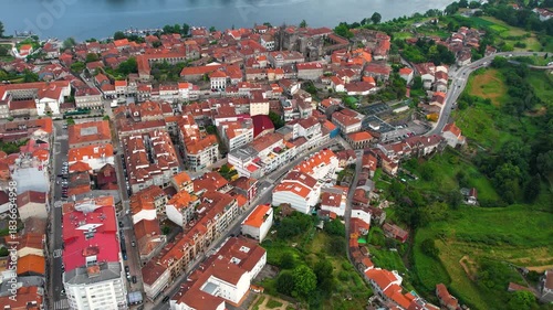 Aerial panorama view from the old town of the city Tui on an overcast summer afternoon in Spain