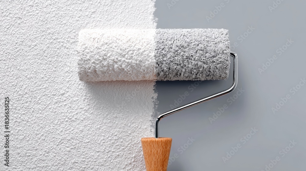 Obraz premium Fresh Paint Applied to an Old Bright Wall Showing Clear Before and After Changes in a Single Indoor Space With a Painter at Work