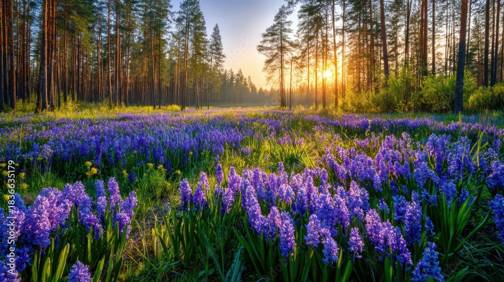 Obraz premium A vibrant field of purple hyacinth flowers stretches across a tranquil forest as the sun sets in the background. The atmosphere is calm, showcasing the beauty of nature.