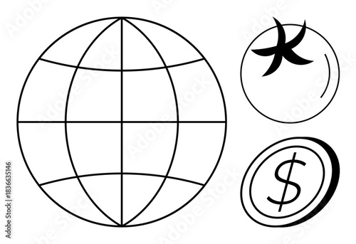 Global trade, financial systems, network connections, digital currency, online payments, globalization. a globe, a currency symbol and abstract elements. Global trade and financial systems concept