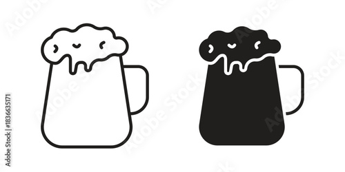 Beer mug icons collection. Thin linear and black flat icons