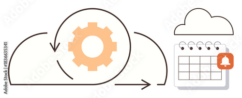 Gear with arrows inside cloud symbolizing automation, paired with calendar and notification icon. Ideal for scheduling, workflow, productivity, synchronization, recurrence, cloud tech, user alerts