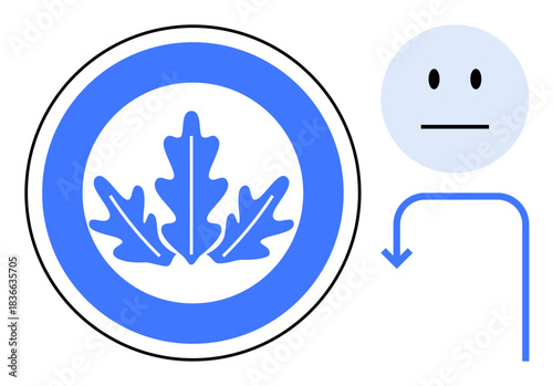 Ecology, direction, sustainability, navigation, decision-making, environmental awareness. Blue leaf within a circle, neutral face icon and downward arrow. Ecology and decision-making concept
