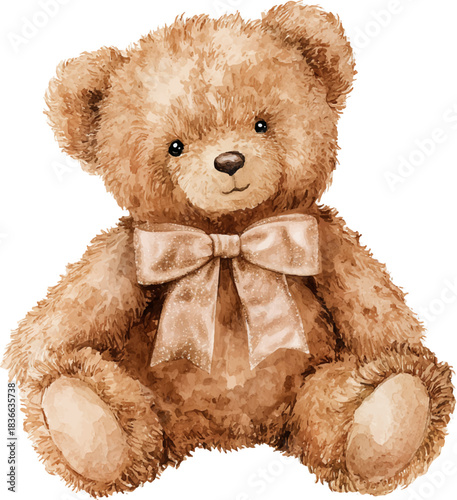 A cuddly brown teddy bear with a fancy bow, watercolor illustration.