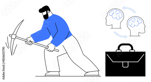 Hard work, intellectual creativity, professional growth, resource extraction, knowledge mining, business strategies. Worker swinging a pickaxe next to a brain diagram and briefcase. Hard work