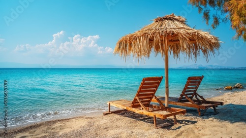 Two wooden lounge chairs sit on a sandy beach beside calm turquoise water. A straw umbrella provides shade while fluffy clouds drift in the bright sky.