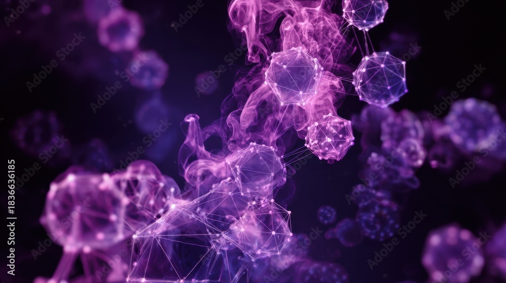 Obraz premium Bright purple and pink particles float in a cosmic space setting, connected by glowing lines. They create a mesmerizing effect, resembling a vibrant universe filled with energy.