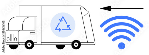 Smart waste management. A recycling truck integrates wireless technology for efficient waste tracking. Smart waste management enhances environmental solutions, logistics, and operations. Perfect