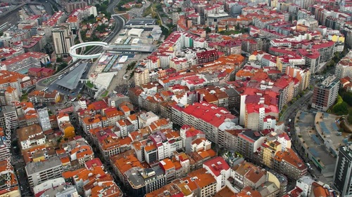 Aerial panorama view around the downtown in the harbor city Vigo in Spain on a cloudy summer afternoon.