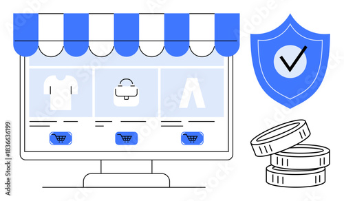 E-commerce, online retail, payment security, transaction safety, digital marketing, financial trust. Screen with products, coin stack shield with checkmark. E-commerce and payment security concept