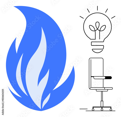 Innovation, creativity, workplace design, energy, new ideas, professional environments. Blue abstract flame, light bulb and an office chair icon. Innovation and creativity concept