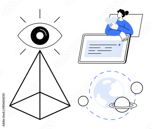Vision concept. Futuristic designs symbolic pyramid eye, person with digital tablet, and planetary systems. Vision for technology, innovation, space, education, and design