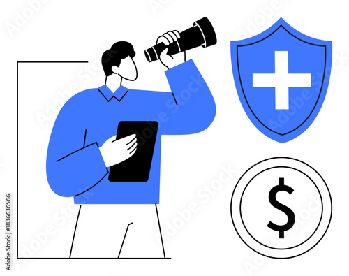 Financial security, investment planning, healthcare insurance, future vision, business strategy, protection. A man holds a telescope and tablet, with shield and dollar icons. Financial security
