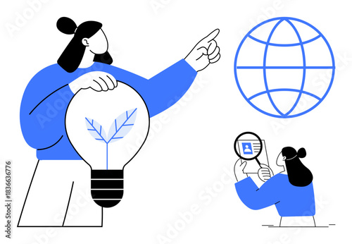 Sustainability concept. A focus on sustainability illustrated with light bulb and leaf symbol, globe ideas sharing, and a magnifying glass. For eco design, global innovation, education, energy