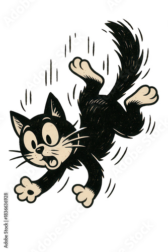 Cartoon black cat falling with surprised expression and motion lines on white background for humorous animal illustration