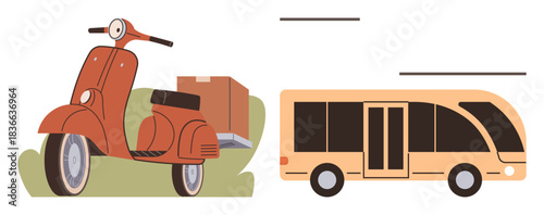 Retro scooter carrying a package and a sleek bus showcasing mobility and logistics. Ideal for transport, delivery, urban travel, retro-modern design, sustainability, logistics solutions, simple flat