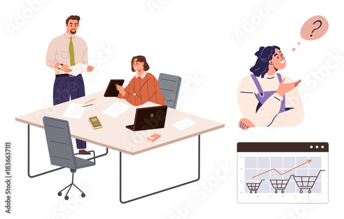 Office workers analyzing documents and laptop data, confused woman contemplating shopping decisions, growth chart showing increasing trends. Ideal for teamwork, analytics, e-commerce