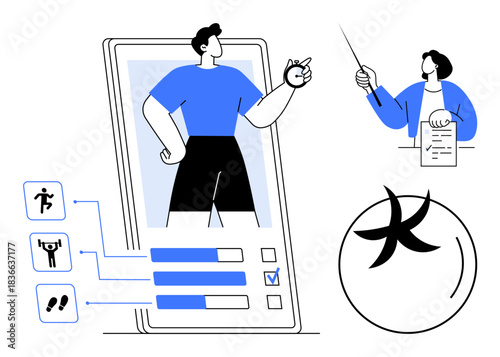 Digital fitness app screen displays progress tracker, activity chart, and stats. A coach holding a document offers guidance. Ideal for fitness, accountability, self-improvement, health, technology