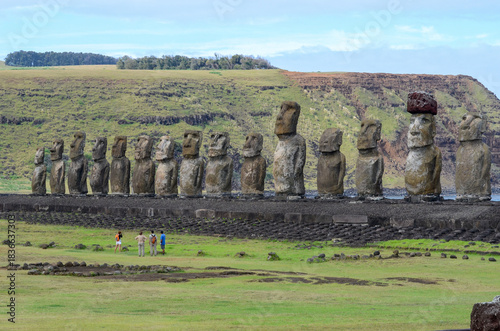 Moai Statues at Ahu Tongariki, Easter Island with Greenery and Sky