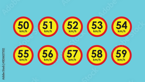 Speed limit road sign 50, 51, 52, 53, 54, 55, 56, 57, 58, 59, km h icon set vector design illustration