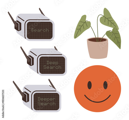 Retro monitors display Search, Deep Search, and Deeper Search alongside a smiling face and a simple potted plant. Ideal for technology evolution, research, data analysis, problem-solving, positivity