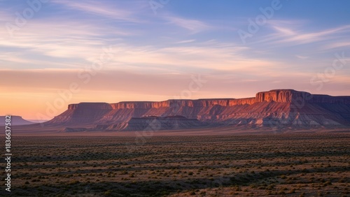 Vast outback landscape featuring a long mesa or escarpment illuminated by the warm, golden light of sunrise or sunset under a colorful sky