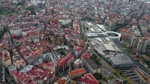 Aerial panorama view around the downtown in the harbor city Vigo in Spain on a cloudy summer afternoon.