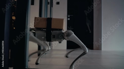 An autonomous robotic dog with a secured package walks through a sleek, modern building lobby. This clip showcases the future of contactless, AI-powered delivery services.