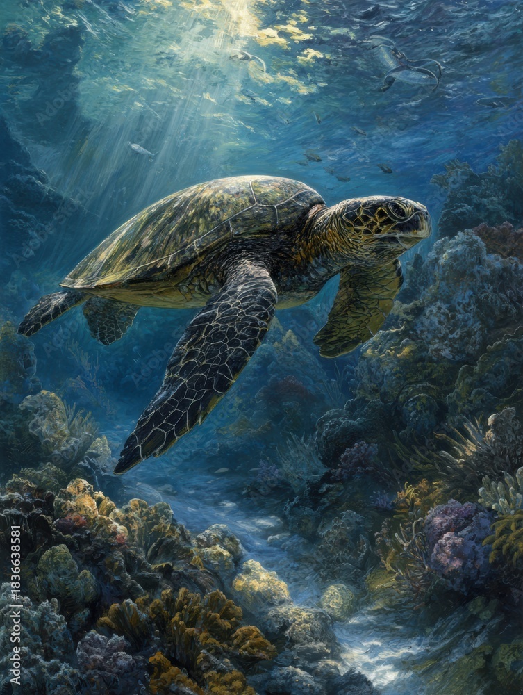 Fototapeta premium Giant Sea Turtle Swims Above Coral Reef Representing Ancient Wisdom in Polynesian Culture During Bright Daylight Hours