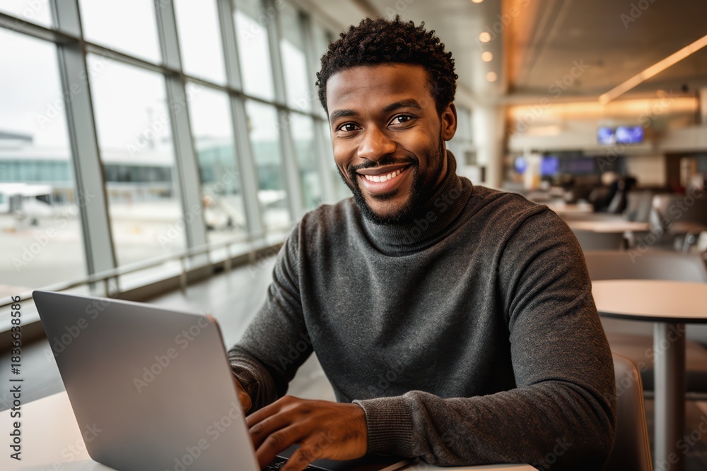 Obraz premium Smiling man with trimmed beard working on a laptop in an airport lounge