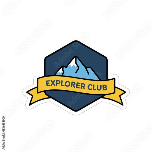 Explorer Club Emblem Featuring Blue Hexagonal Shield with Snowy Mountain Peaks and Yellow Banner Text Reads Explorer Club on Black Background Vector Art Minimalist Style