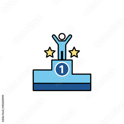 First Place Winner Standing on Podium with Arms Raised in Celebration Two Yellow Stars on Either Side of Winner Clean Vector Illustration Simple Minimalist Design on Black Background Victory Concept