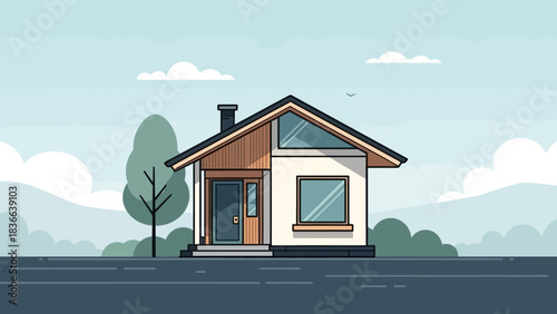 A modern house with a chimney and trees under a cloudy sky.