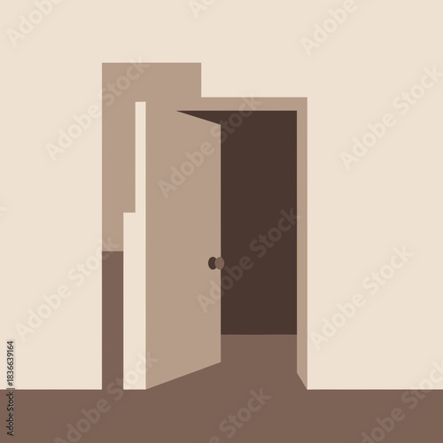 An open door reveals a dark interior space.